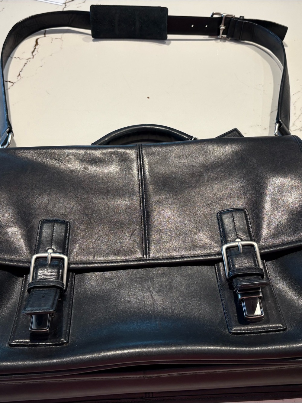 Coach Black Leather Briefcase Messenger with Buckle Accents